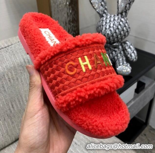 Sophisticated Chanel Shearling Flat Slide Sandals Red 082466