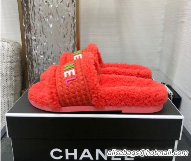 Sophisticated Chanel Shearling Flat Slide Sandals Red 082466