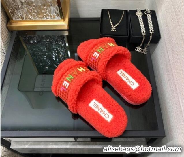 Sophisticated Chanel Shearling Flat Slide Sandals Red 082466