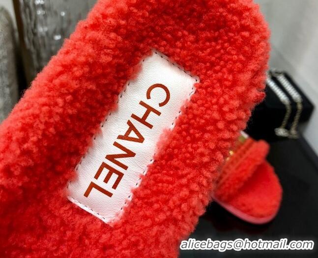 Sophisticated Chanel Shearling Flat Slide Sandals Red 082466