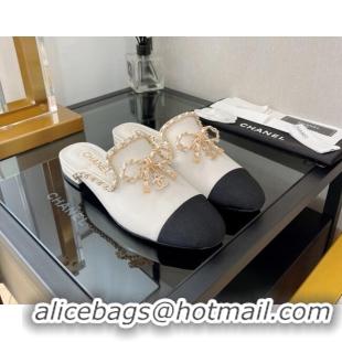 Duplicate Chanel Lambskin Flat Mules with Chain Bow White 082468