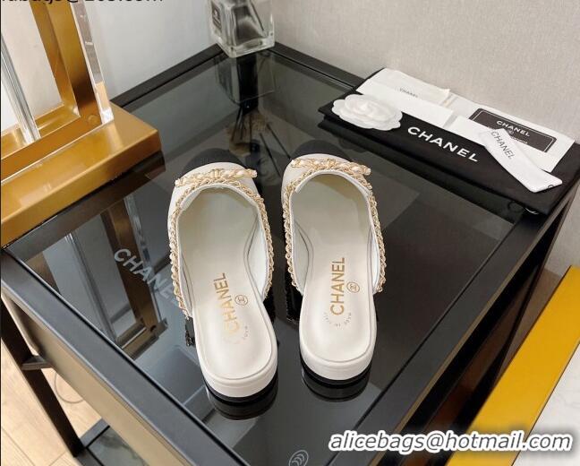 Duplicate Chanel Lambskin Flat Mules with Chain Bow White 082468