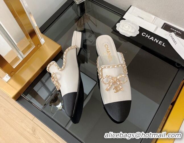 Duplicate Chanel Lambskin Flat Mules with Chain Bow White 082468