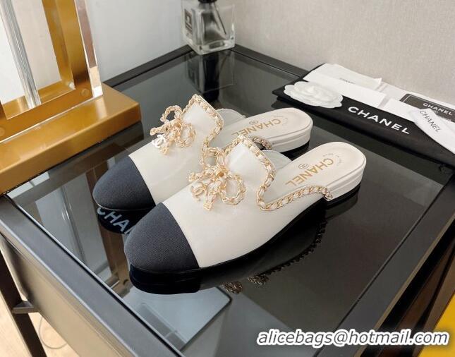 Duplicate Chanel Lambskin Flat Mules with Chain Bow White 082468