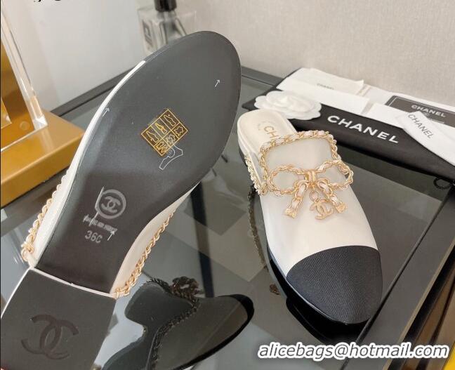 Duplicate Chanel Lambskin Flat Mules with Chain Bow White 082468