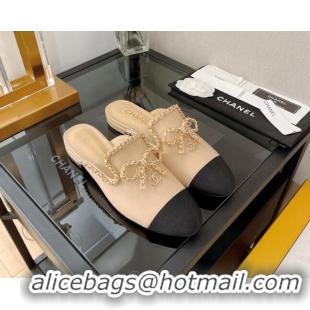 Comfortable Chanel Lambskin Flat Mules with Chain Bow Beige 082469