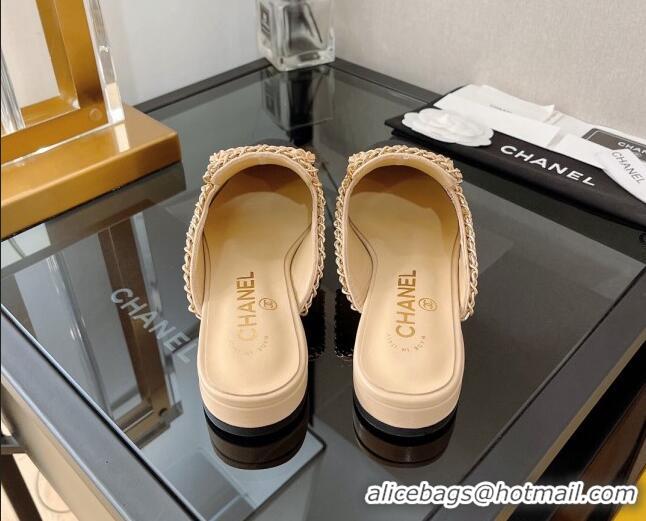 Comfortable Chanel Lambskin Flat Mules with Chain Bow Beige 082469