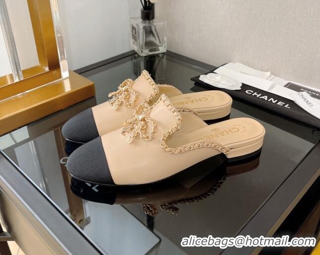 Comfortable Chanel Lambskin Flat Mules with Chain Bow Beige 082469