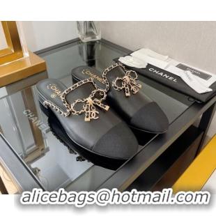 Grade Quality Chanel Lambskin Flat Mules with Chain Bow Black 082470