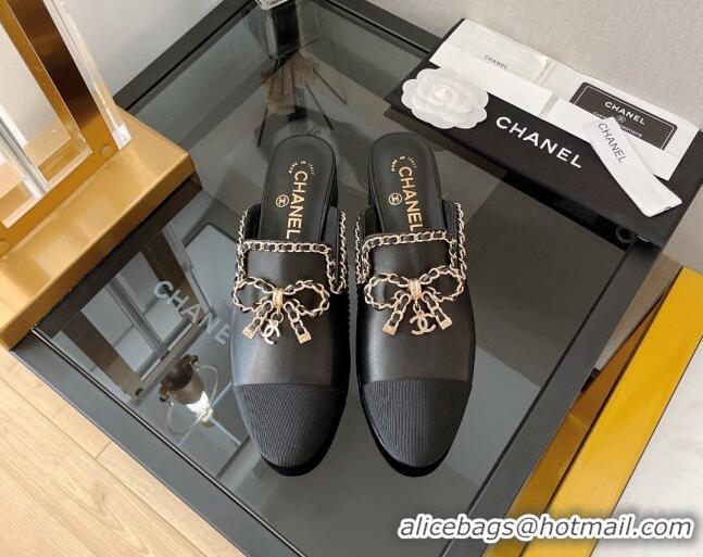 Grade Quality Chanel Lambskin Flat Mules with Chain Bow Black 082470