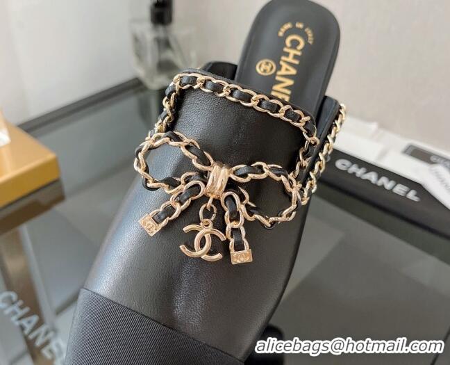 Grade Quality Chanel Lambskin Flat Mules with Chain Bow Black 082470