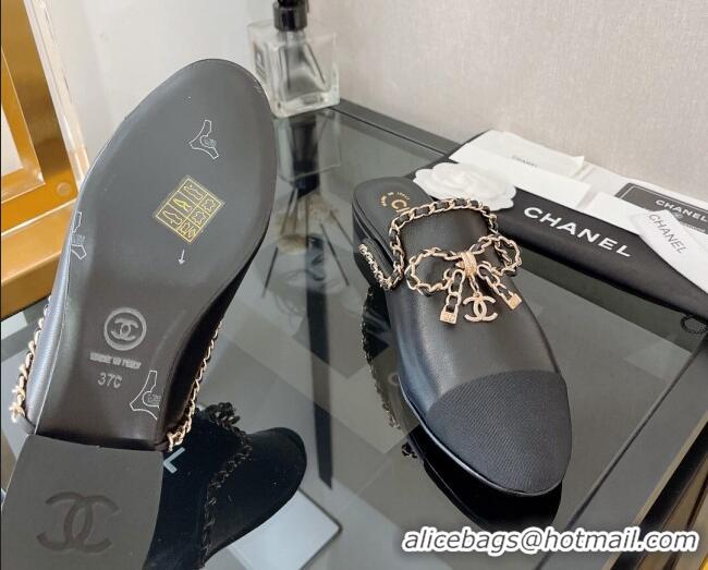 Grade Quality Chanel Lambskin Flat Mules with Chain Bow Black 082470