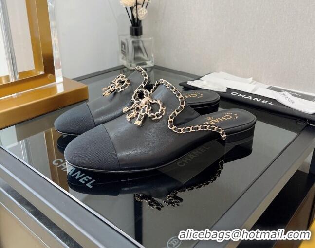 Grade Quality Chanel Lambskin Flat Mules with Chain Bow Black 082470