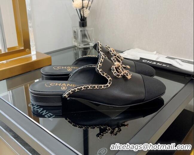 Grade Quality Chanel Lambskin Flat Mules with Chain Bow Black 082470