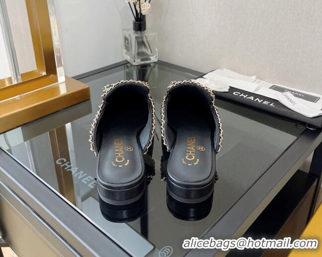 Grade Quality Chanel Lambskin Flat Mules with Chain Bow Black 082470