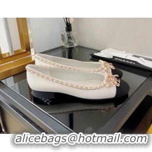 Stylish Chanel Lambskin Ballerinas with Chain Bow White 082471