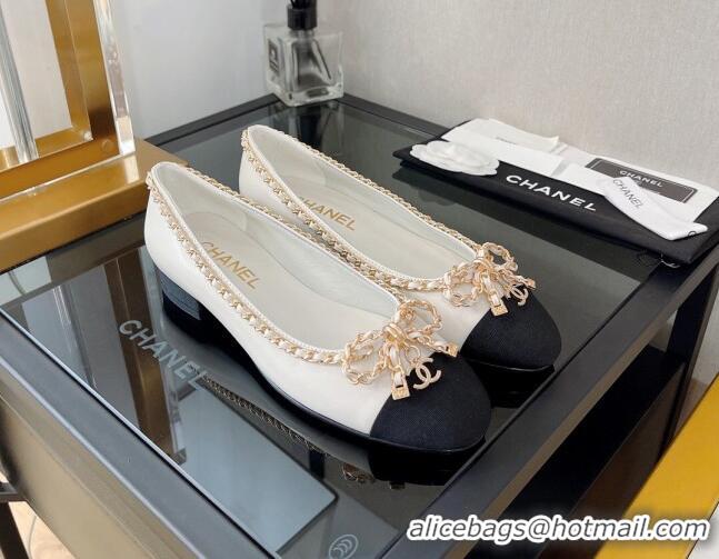 Stylish Chanel Lambskin Ballerinas with Chain Bow White 082471