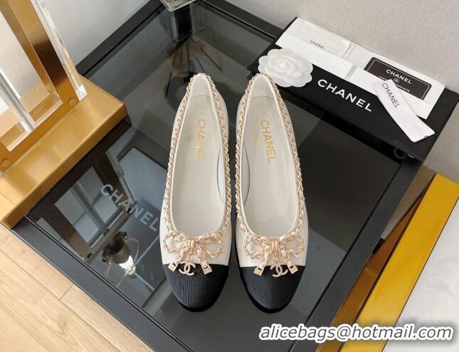 Stylish Chanel Lambskin Ballerinas with Chain Bow White 082471