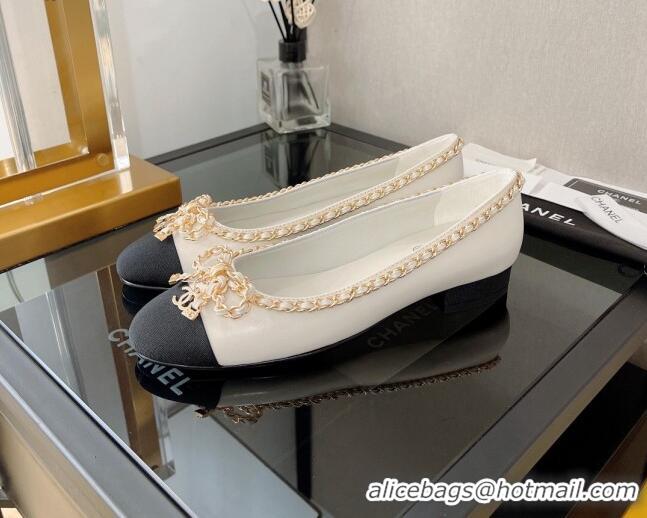 Stylish Chanel Lambskin Ballerinas with Chain Bow White 082471