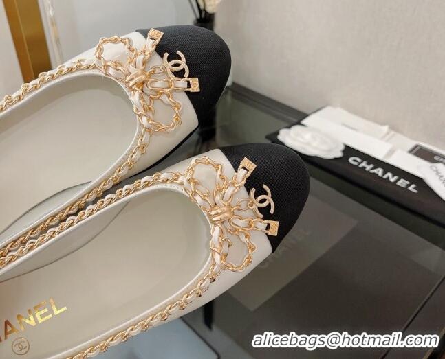 Stylish Chanel Lambskin Ballerinas with Chain Bow White 082471