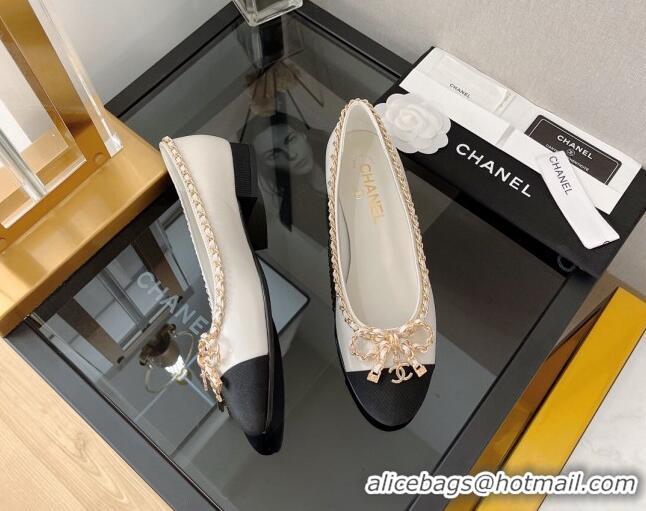 Stylish Chanel Lambskin Ballerinas with Chain Bow White 082471