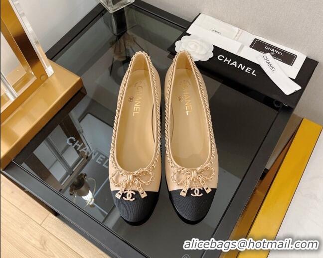 Best Grade Chanel Lambskin Ballerinas with Chain Bow Beig 082472