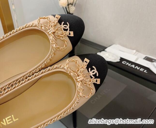 Best Grade Chanel Lambskin Ballerinas with Chain Bow Beig 082472