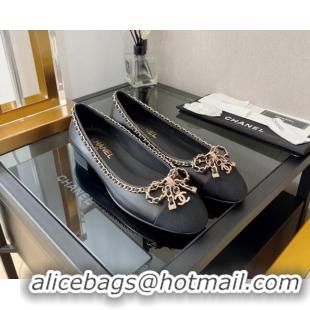 Duplicate Chanel Lambskin Ballerinas with Chain Bow Black 082473