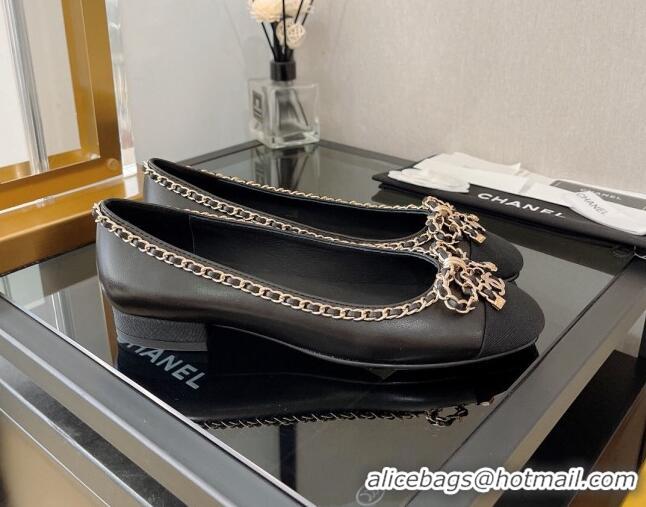 Duplicate Chanel Lambskin Ballerinas with Chain Bow Black 082473