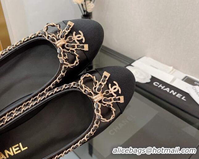 Duplicate Chanel Lambskin Ballerinas with Chain Bow Black 082473