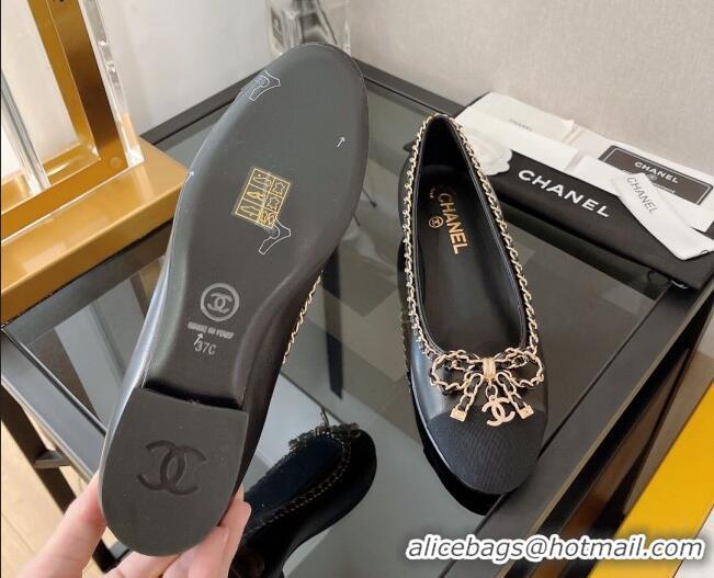 Duplicate Chanel Lambskin Ballerinas with Chain Bow Black 082473