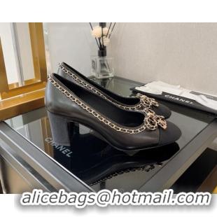 Sumptuous Chanel Lambskin Pumps 6.5cm with Chain Bow Black 082474