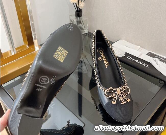 Sumptuous Chanel Lambskin Pumps 6.5cm with Chain Bow Black 082474