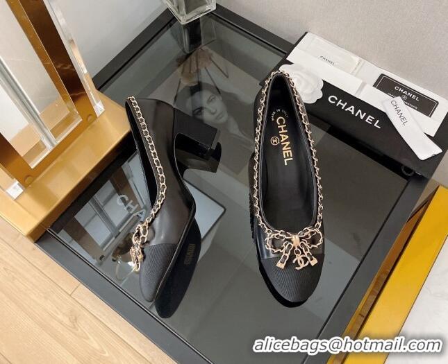 Sumptuous Chanel Lambskin Pumps 6.5cm with Chain Bow Black 082474