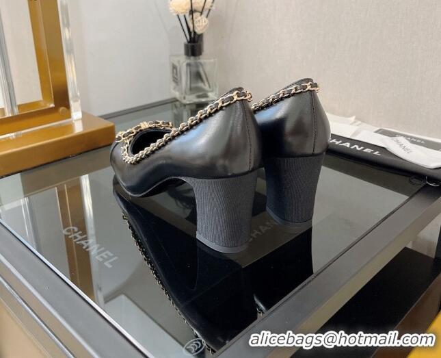 Sumptuous Chanel Lambskin Pumps 6.5cm with Chain Bow Black 082474