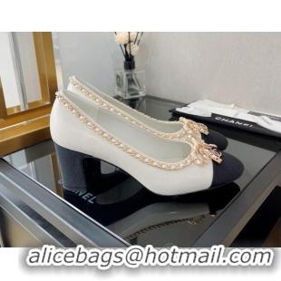 Best Price Chanel Lambskin Pumps 6.5cm with Chain Bow White 082476