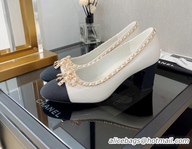 Best Price Chanel Lambskin Pumps 6.5cm with Chain Bow White 082476