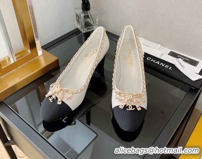 Best Price Chanel Lambskin Pumps 6.5cm with Chain Bow White 082476