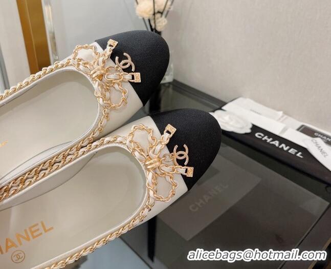 Best Price Chanel Lambskin Pumps 6.5cm with Chain Bow White 082476