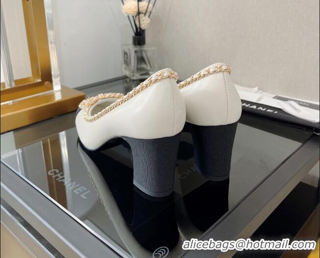 Best Price Chanel Lambskin Pumps 6.5cm with Chain Bow White 082476