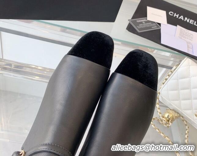 Luxury Chanel Lambskin Ankle Boots with CHANEL Back Black 082503