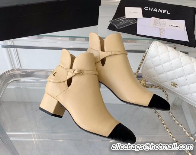 Good Quality Chanel Lambskin Ankle Boots with CHANEL Back Beige 082504