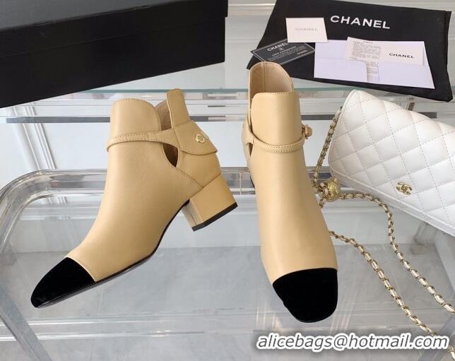 Good Quality Chanel Lambskin Ankle Boots with CHANEL Back Beige 082504