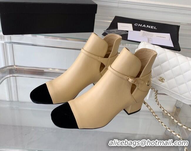 Good Quality Chanel Lambskin Ankle Boots with CHANEL Back Beige 082504