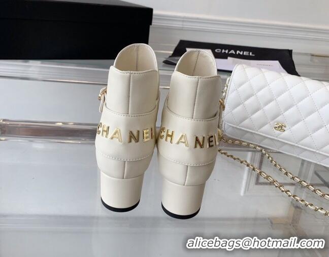 Unique Style Chanel Lambskin Ankle Boots with CHANEL Back White 082505