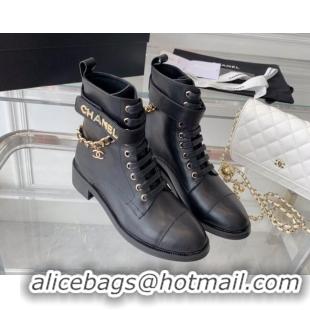 Low Price Chanel Calfskin Ankle Boots with Chain Black 082506