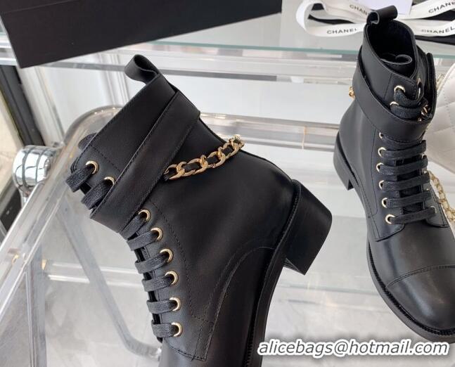 Low Price Chanel Calfskin Ankle Boots with Chain Black 082506