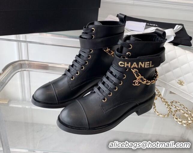 Low Price Chanel Calfskin Ankle Boots with Chain Black 082506