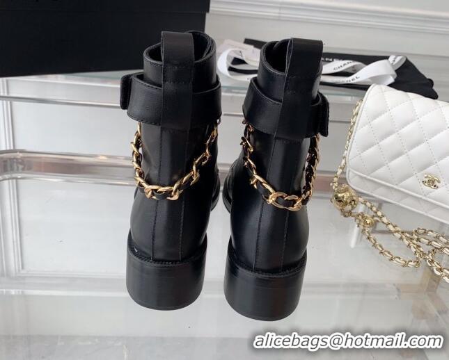 Low Price Chanel Calfskin Ankle Boots with Chain Black 082506