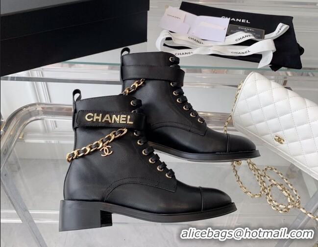 Low Price Chanel Calfskin Ankle Boots with Chain Black 082506